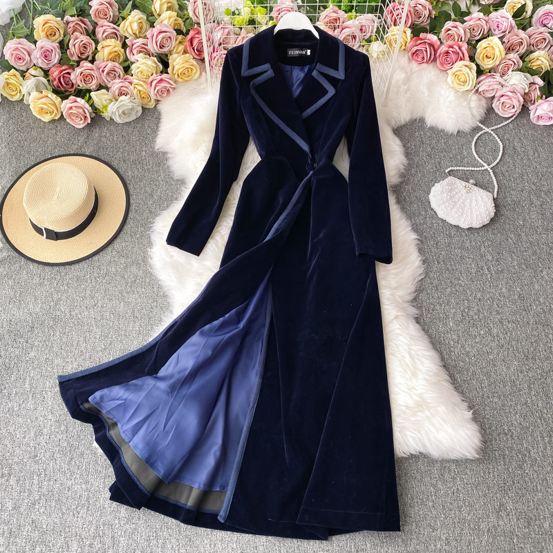 Trench Coat Formal - Kadın Siyah Kadife Blazer Elbise Uzun