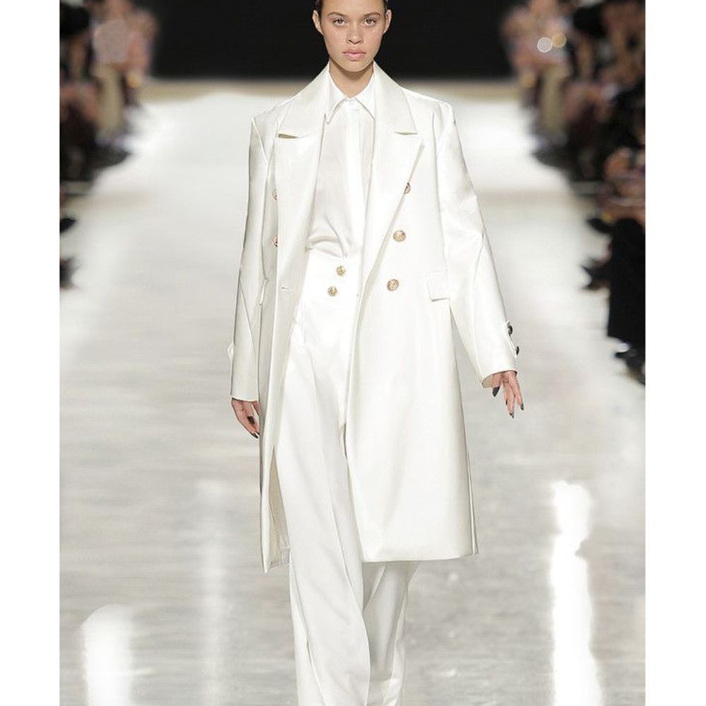 Trench Coat Formal - Lüks Saten Beyaz Kadın Kruvaze Trençkot