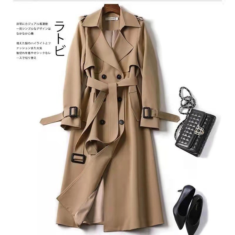 Trench Coat Formal - Kadın Yaka Kemerli Çift Düğmeli Uzun