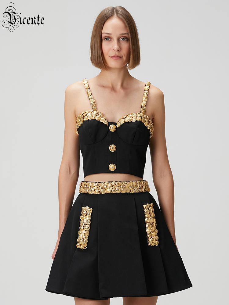 Women Formal Wear With Skirt - Altın Düğmeli VC Siyah İki Parçalı
