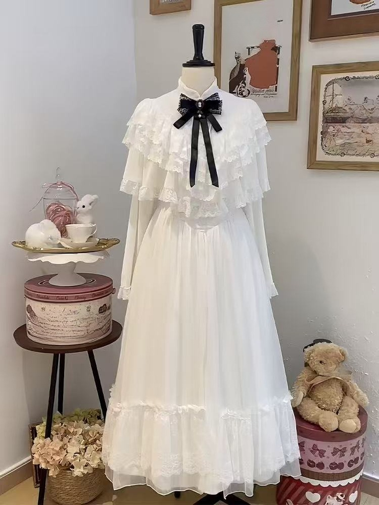 Women Formal Wear With Skirt - Japon Kısa Kollu Fiyonklu Dantel Elbise