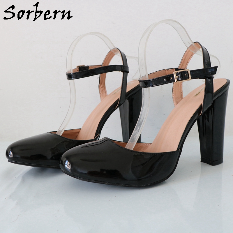 Pump Heel Block - Sorbern siyah parlak blok yüksek topuk