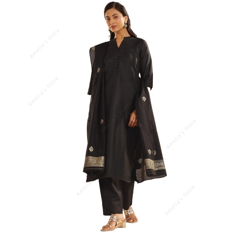Women Formal Wear Ethnic - Kadın Siyah Jakarlı Kurta Pantolon Dupatta