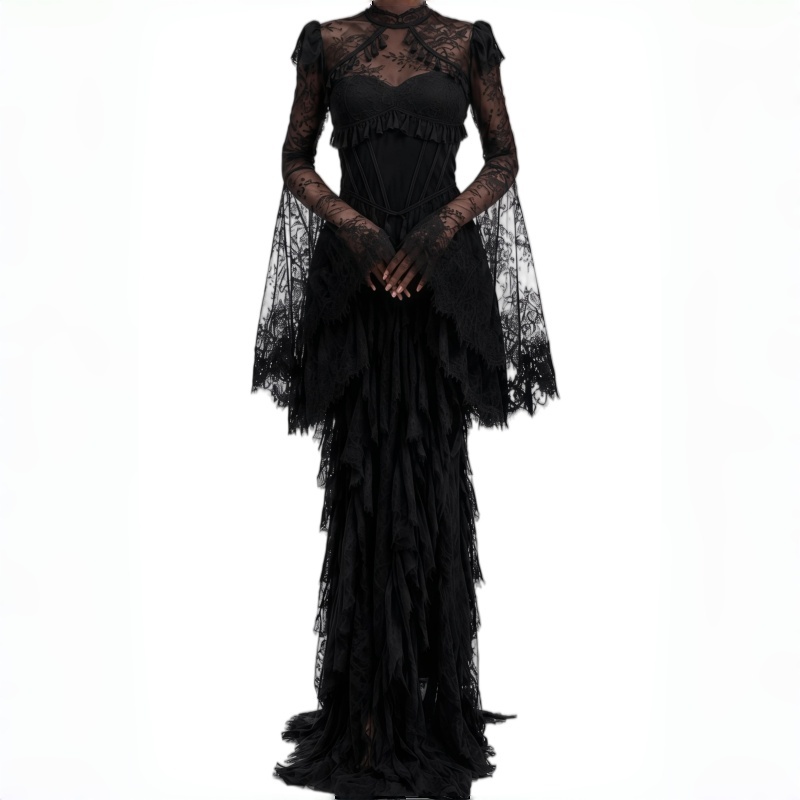 Women'S Gothic Formal Wear - Dantelli, Yüksek Bel, Siyah, Balık Etekli,