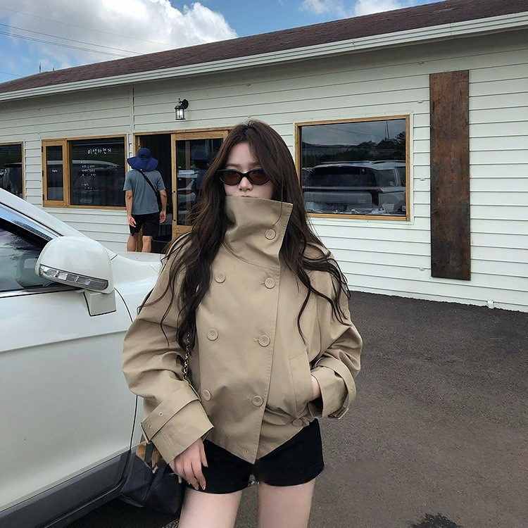Trench Coat Formal - Kadınlar için Kısa Trençkot, Dik Yakalı,